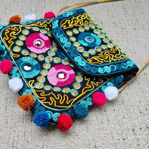 Kids Cross Body Bag Multi Color Pop Pom Cute Multi Colot Embroidery Bag - Picture 5 of 11